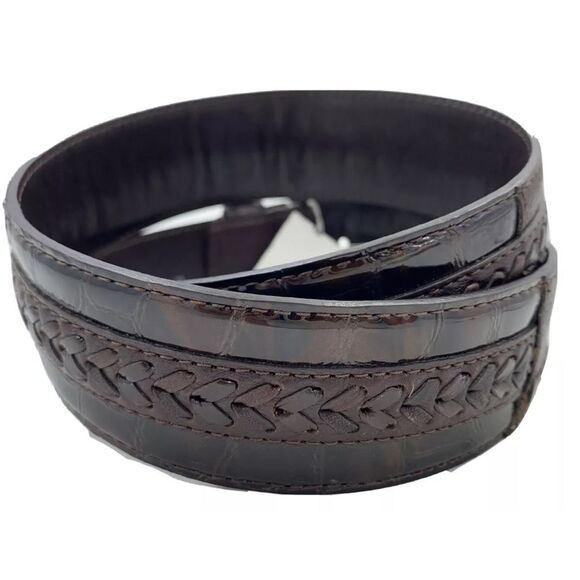 Brighton Patchwork Brown Leather Belt Women\'s Size 34 B31148 Round Buckle NWT! main image 4